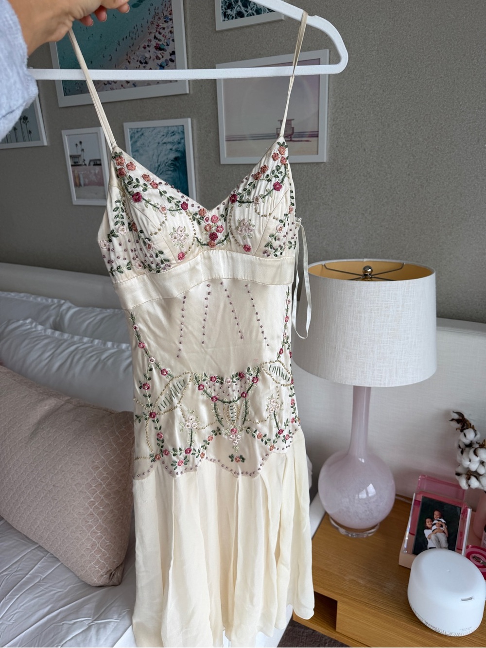 Sue Wong Ivory Midi Dress with Pink & Green Floral Embroidery